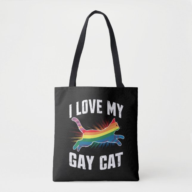 I Love My Gay Cat Funny Rainbow Pride Lgbt Tote Bag (Front)