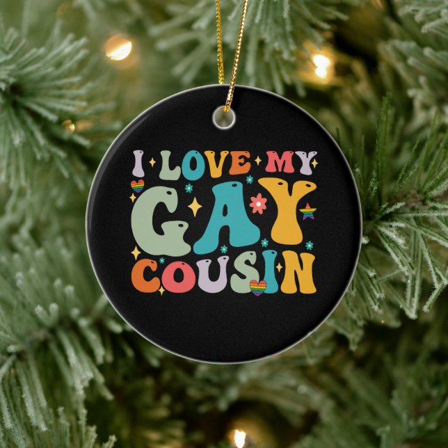 I Love My Gay Cousin Groovy Rainbow LGBT Pride Ceramic Ornament (Tree)