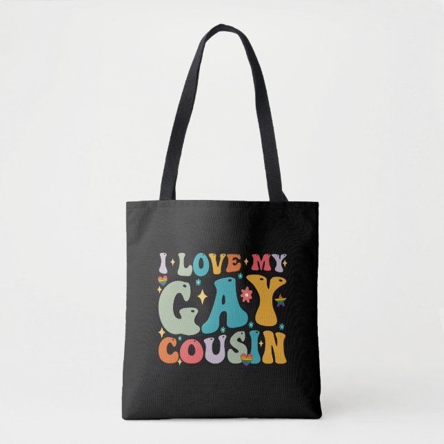 I Love My Gay Cousin Groovy Rainbow LGBT Pride Tote Bag (Front)