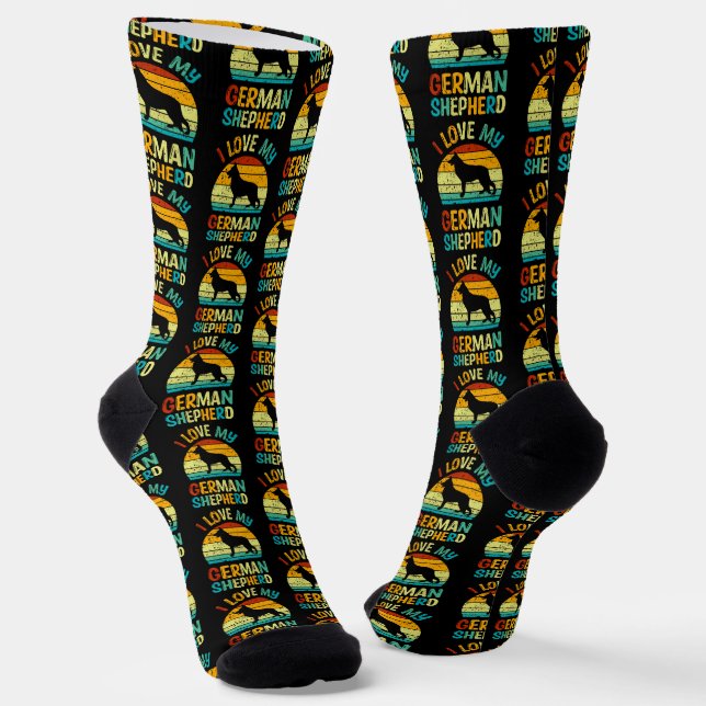 I Love My German Shepherd Dog Blue Brown Sunset Socks (Angled)