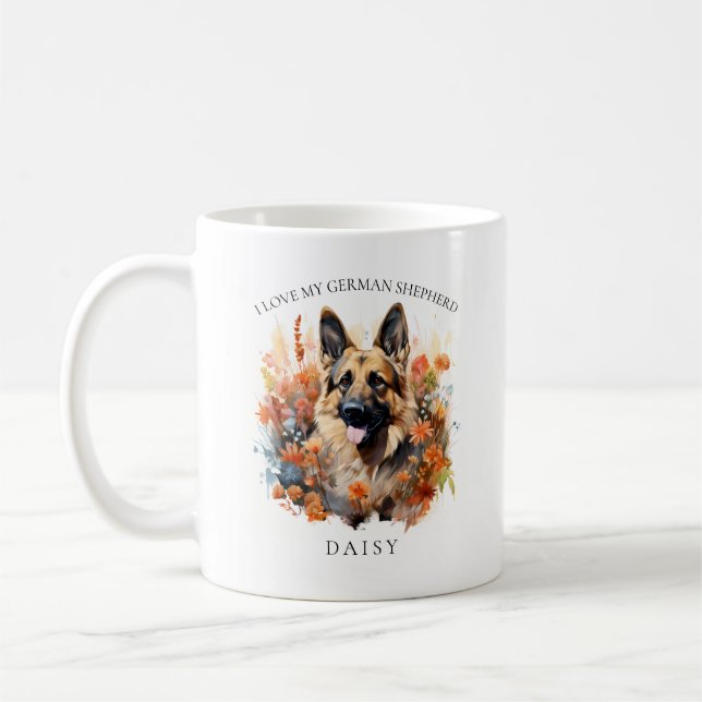 I Love My German Shepherd Floral Dog Portrait Coffee Mug (Left)