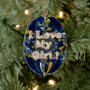 I Love My Girl: Abstract Blue & Golden Fractal Art Ceramic Tree Decoration