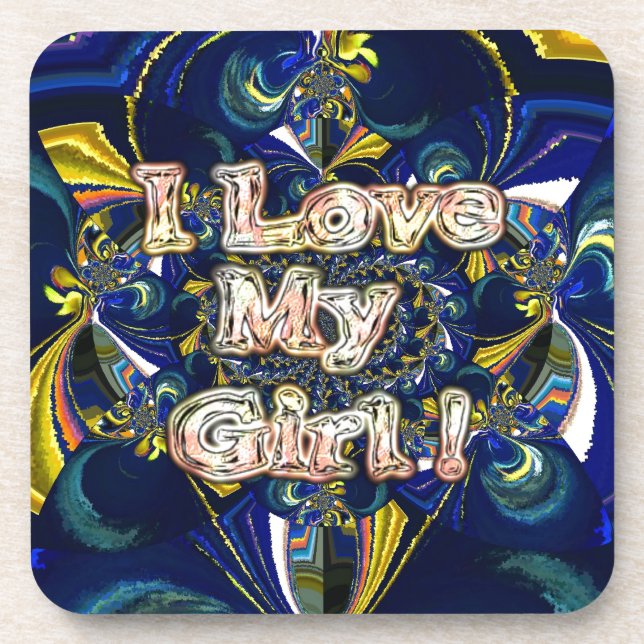 I Love My Girl: Abstract Blue & Golden Fractal Art Coaster (Front)