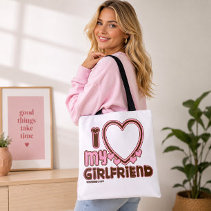 I Love My Girlfriend Custom Photo Heart Brown Pink Tote Bag