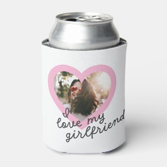 I love my Girlfriend Custom Pink Valentines Photo Can Cooler (Can Front)