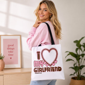 I Love My Girlfriend Heart Brown Pink Tote Bag