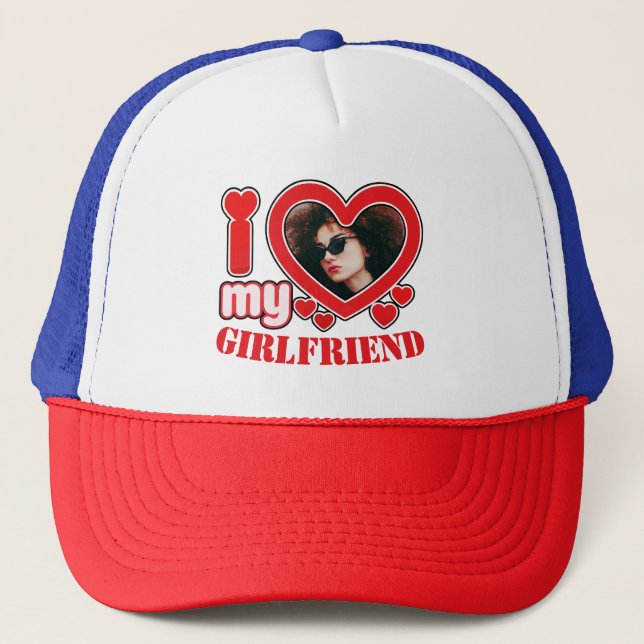 I Love My Girlfriend Personalised Photo Text Trucker Hat (Front)