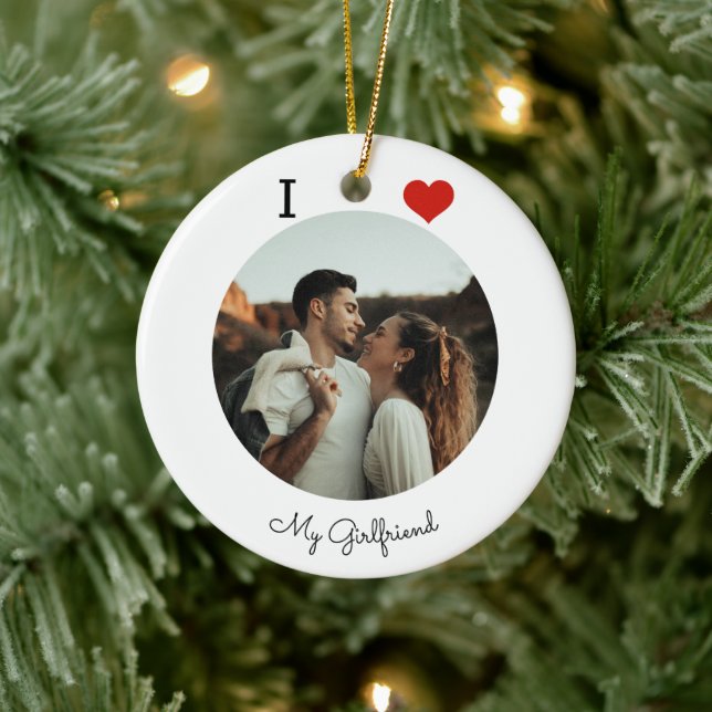 I love my girlfriend photo personalised ceramic ornament (Tree)
