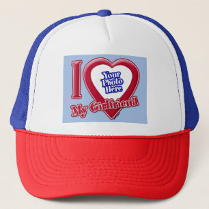 I Love My Girlfriend Photo Red Heart Baby Blue Trucker Hat