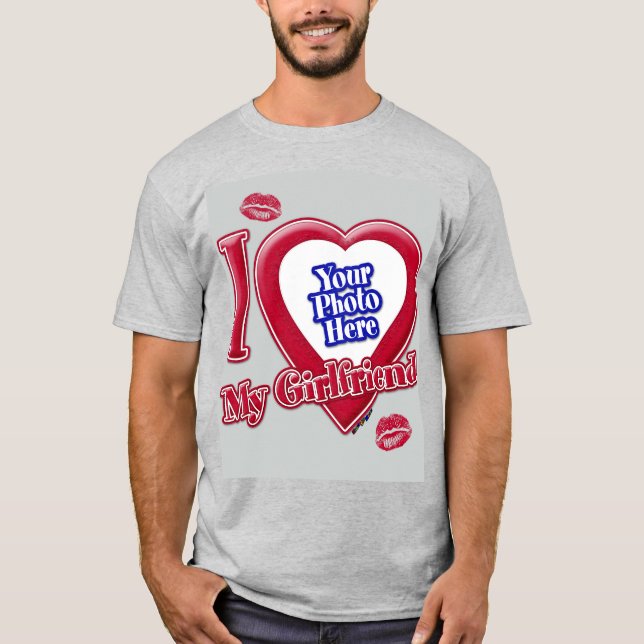 I Love My Girlfriend Photo Red Heart Kiss Grey T-Shirt (Front)