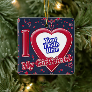 I Love My Girlfriend Photo Red Heart Navy Ceramic Ornament