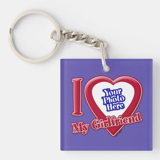 I Love My Girlfriend Photo Red Heart Purple Key Ring (Front)