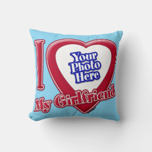 I Love My Girlfriend Photo Red Heart Turquoise Cushion