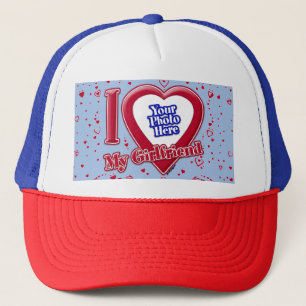 I Love My Girlfriend Photo Red Hearts Baby Blue Trucker Hat