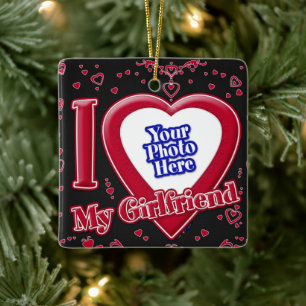 I Love My Girlfriend Photo Red Hearts Black Ceramic Ornament
