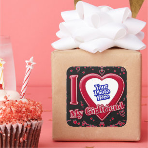 I Love My Girlfriend Photo Red Hearts Black Square Sticker