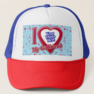 I Love My Girlfriend Photo Red Hearts Blue Horizon Trucker Hat