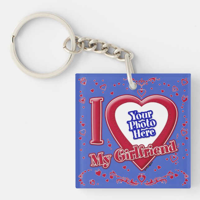 I Love My Girlfriend Photo Red Hearts Deep Royal B Key Ring (Front)