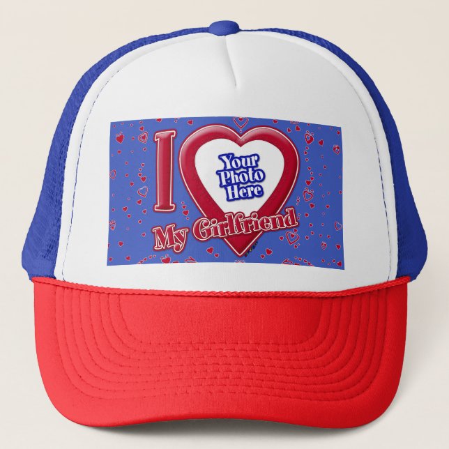 I Love My Girlfriend Photo Red Hearts Deep Royal B Trucker Hat (Front)