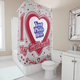 I Love My Girlfriend Photo Red Hearts Grey Shower Curtain