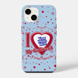 I Love My Girlfriend Photo Red Hearts Light Blue iPhone 14 Case