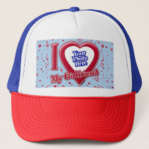 I Love My Girlfriend Photo Red Hearts Light Blue Trucker Hat