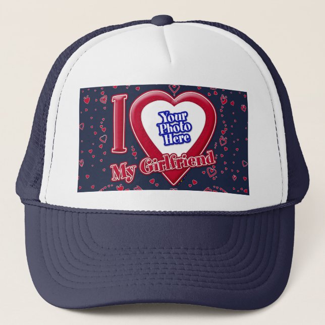 I Love My Girlfriend Photo Red Hearts Navy Trucker Hat (Front)