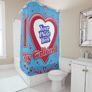 I Love My Girlfriend Photo Red Hearts Teal Shower Curtain
