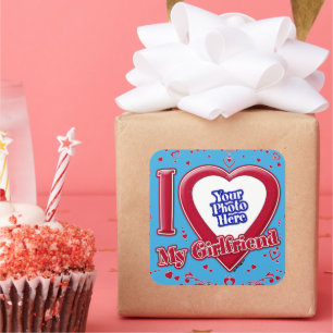 I Love My Girlfriend Photo Red Hearts Teal Square Sticker