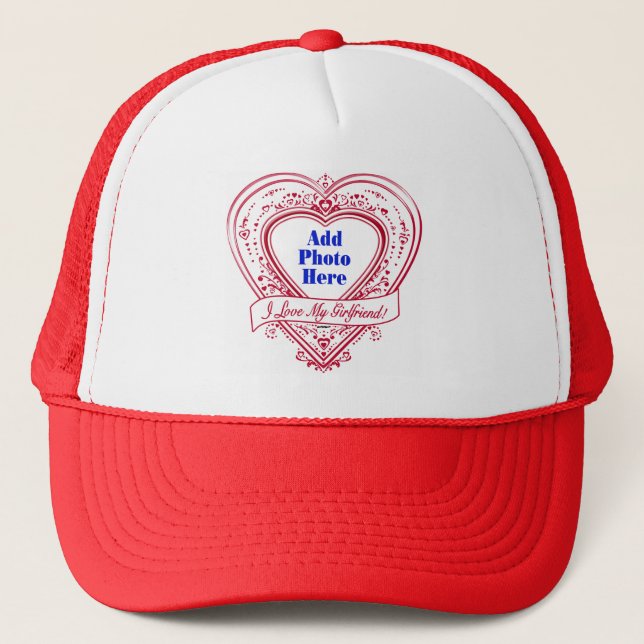 I Love My Girlfriend! Photo Red Hearts Trucker Hat (Front)