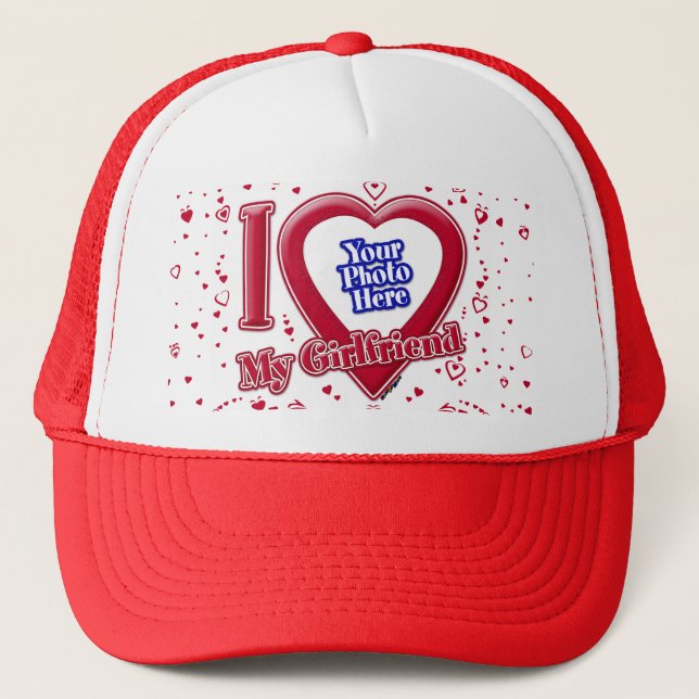 I Love My Girlfriend Photo Red Hearts Trucker Hat (Front)