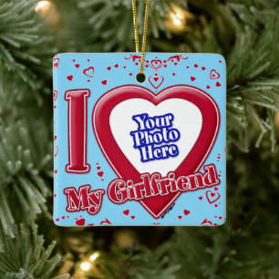 I Love My Girlfriend Photo Red Hearts Turquoise Ceramic Ornament