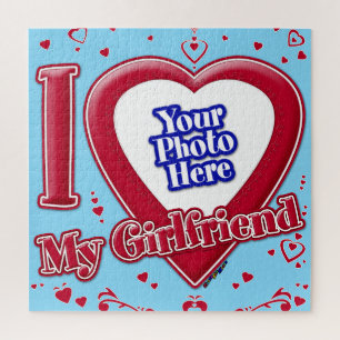I Love My Girlfriend Photo Red Hearts Turquoise Jigsaw Puzzle