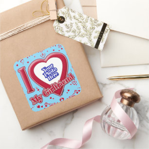 I Love My Girlfriend Photo Red Hearts Turquoise Square Sticker
