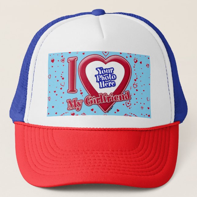 I Love My Girlfriend Photo Red Hearts Turquoise Trucker Hat (Front)