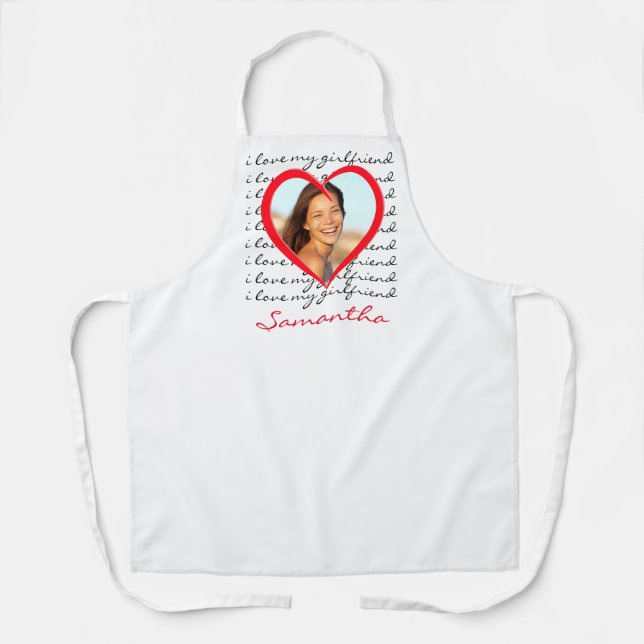 I Love My Girlfriend Red Heart Custom Photo Name Apron (Front)