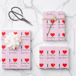 I love My Girlfriend & Red Heart Personalised Pink Wrapping Paper Sheet