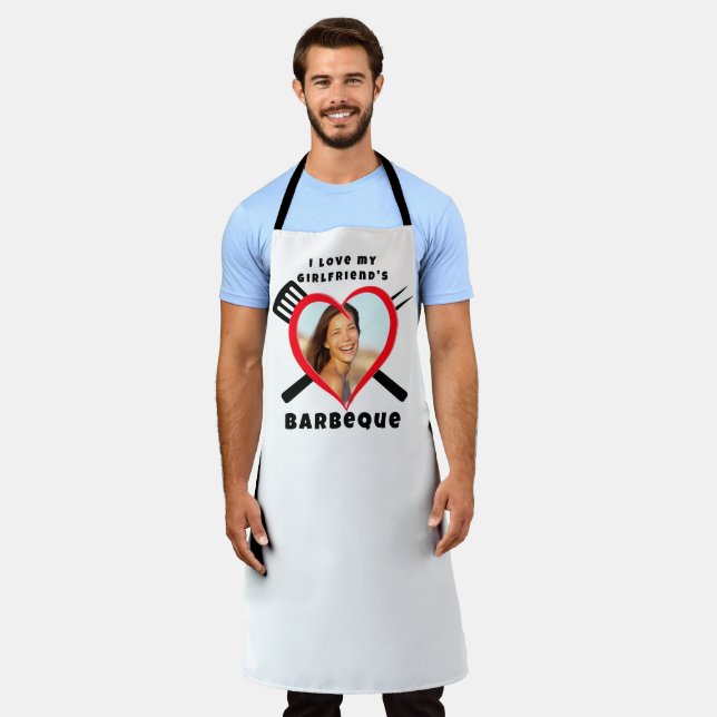 I Love My Girlfriend's BBQ Heart Custom Photo Name Apron (Worn)