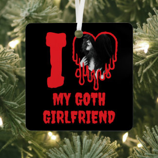 I Love My Goth Girlfriend Dripping Red Heart Photo Metal Tree Decoration