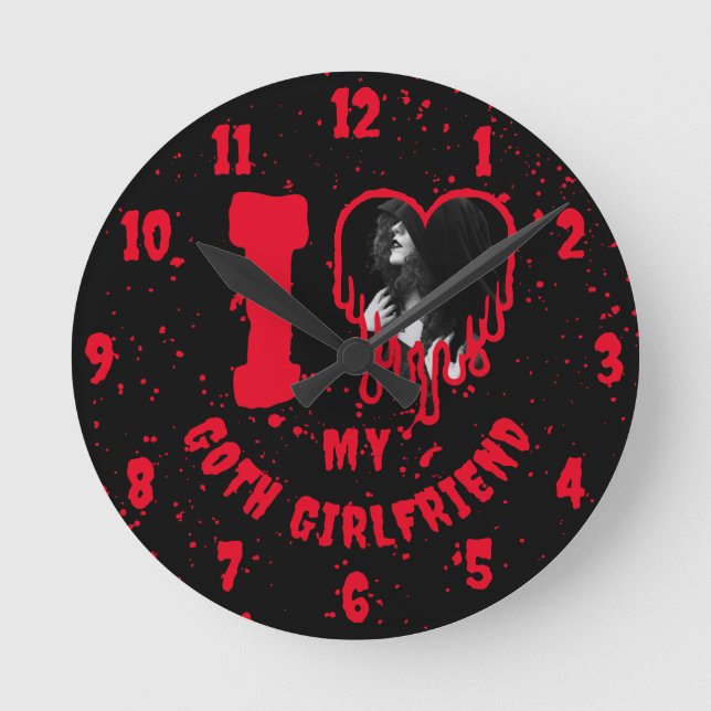 I Love My Goth Girlfriend Dripping Red Heart Photo Round Clock (Front)