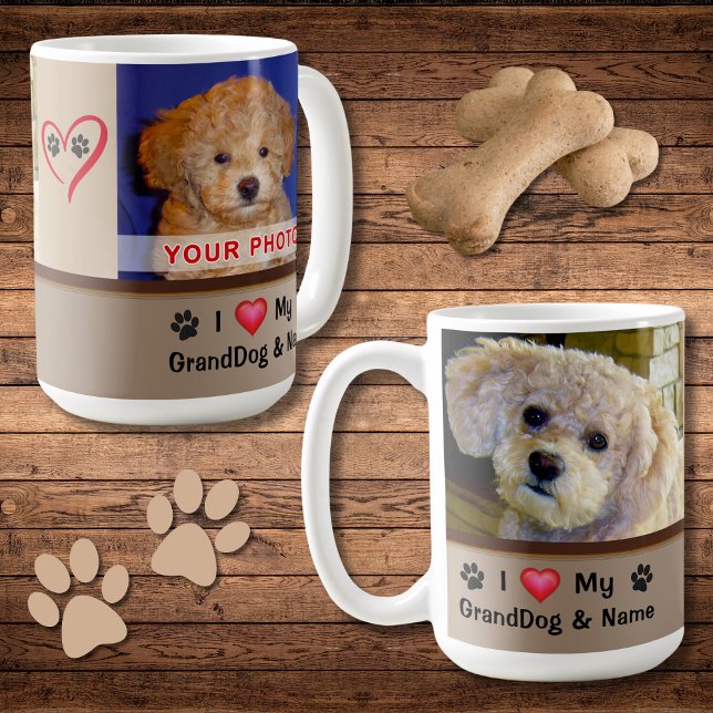 I Love My GrandDog Mug with Your 2 Photos and Text (I love my granddog mug. Great gifts for dog lovers. Personalized coffee mug with dog picture. Doggie)