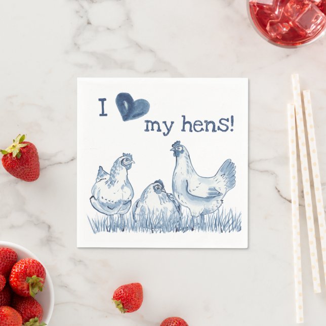 I Love My Hens Blue Chicken Painting Rustic Delft Napkin (Insitu)