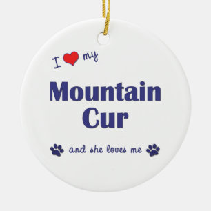 I Love My Mountain Cur (Female Dog) Ceramic Ornament