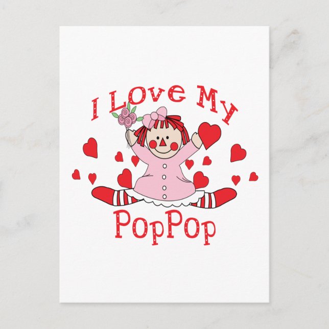 I love My PopPop Rag Doll & Hearts Postcard (Front)