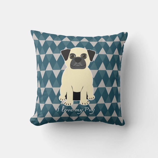 I love my Pug, Blue diamonds pattern Cushion (Front)