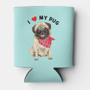 I Love My Pug Cute Pug Puppy Dog with Scarf Art Can Cooler