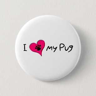 I Love My Pug Quote With Paw Print on Pink Heart 6 Cm Round Badge