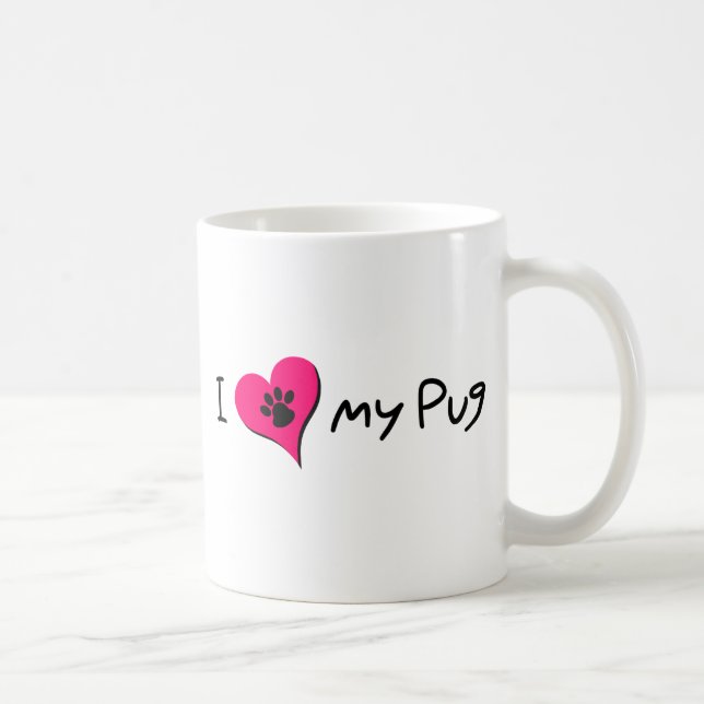 I Love My Pug Quote With Paw Print on Pink Heart Coffee Mug (Right)