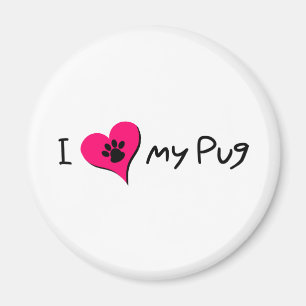 I Love My Pug Quote With Paw Print on Pink Heart Magnet