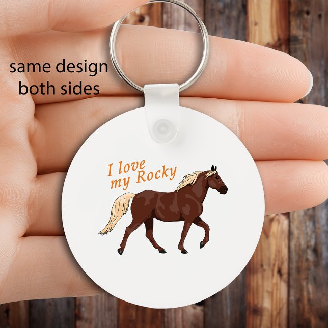 I Love My Rocky Mountain Horse Equestrian Key Ring (Round keychain with “I love my Rocky” text and illustrated Rocky Mountain Horse, equestrian design.)